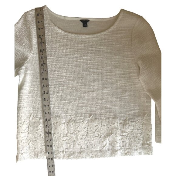 Ann Taylor Womens Off-White Textured Knit Top With 3/4 Sleeves Lace Hem Detail M - Picture 8 of 8